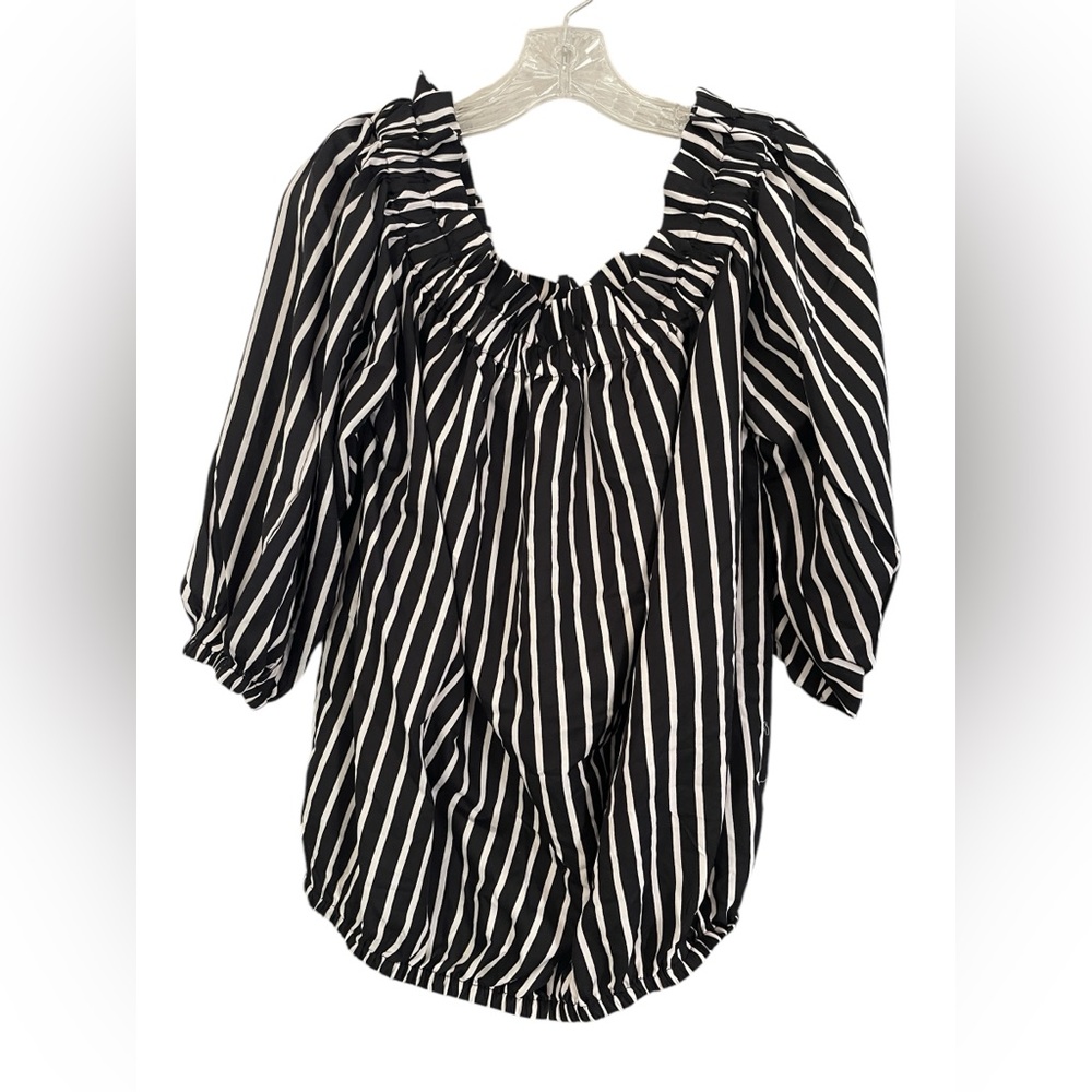 Ashley Stewart Size 16 Striped Black and White Women's peasant Blouse/top ruffle